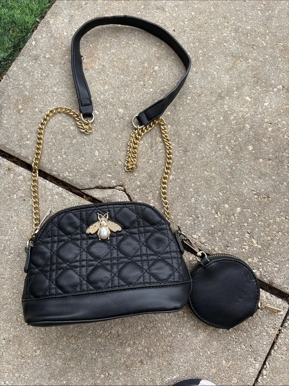 Black Quilted Crossbody Bag with Gold Bee Accent and Coin Pouch